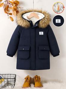 Boys Casual Letter Print Raglan Sleeve Navy Blue Mid-Length Hooded Detachable Fur Collar Thermal Lined Jacket, Winter Tops - Blue - View 3
