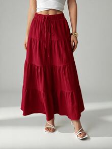 SHEIN PETITE 女款休閒度假多層蛋糕裙，百搭休閒優雅穿搭，適合四季，假日約會穿著，適用於春/夏與秋/冬 - 紅色 - 查看 3