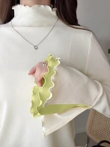 FRIFUL 女款波浪荷葉邊條紋拼接配色寬鬆短袖T恤，夏季休閒上衣 - 綠色 - 查看 3