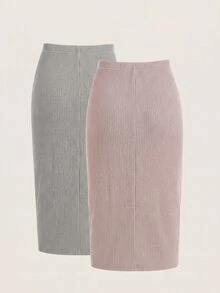 SHEIN LUNE 女款素色休閒百搭日常穿著裙 - 灰色 - 查看 2