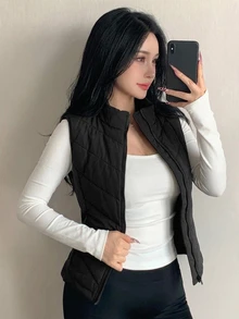 DAZY 女款秋冬修身腰部拼接加厚外套 - 黑色 - 查看 5