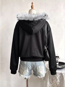 SHEIN 青少年女孩秋冬純色時尚數位印花豹紋連帽外套，附毛領拉鍊式衛衣，舒適抓絨內裡，適合返校或日常戶外穿著 - 黑色 - 查看 2