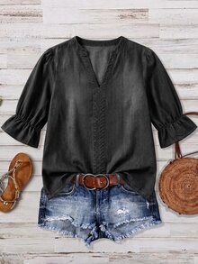 EMERY ROSE EMERY ROSE Plus Size Women's Solid Color Casual Daily Denim Top - Black - View 3