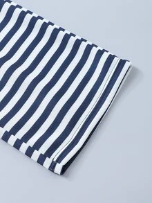 SHEIN 女童針織條紋圖案T卹套裝，秋季款，連帽拉鍊外套和寬鬆闊腿長褲套裝，條紋，藍色 - 黑與白 - 查看 9