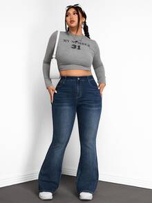 Jeanoix Plus Size Fashion Versatile Button Pocket Flared Jeans - Dark Wash - View 5