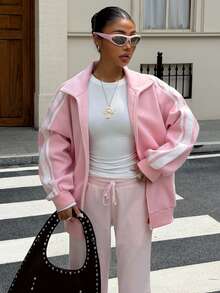 Muchica Women's Light Pink Colorblock Pocket High Neck Long Sleeve Jacket Pink Woolen Patchwork Jacket For Casual Wear Autumn Jacket Breakfast Travel - Baby Pink - View 7