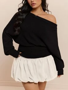 CovetEZ Autumn/Winter Solid Color Asymmetrical Collar Waist-Flattering Slimming Casual Plus Size Sweater - Black - View 3