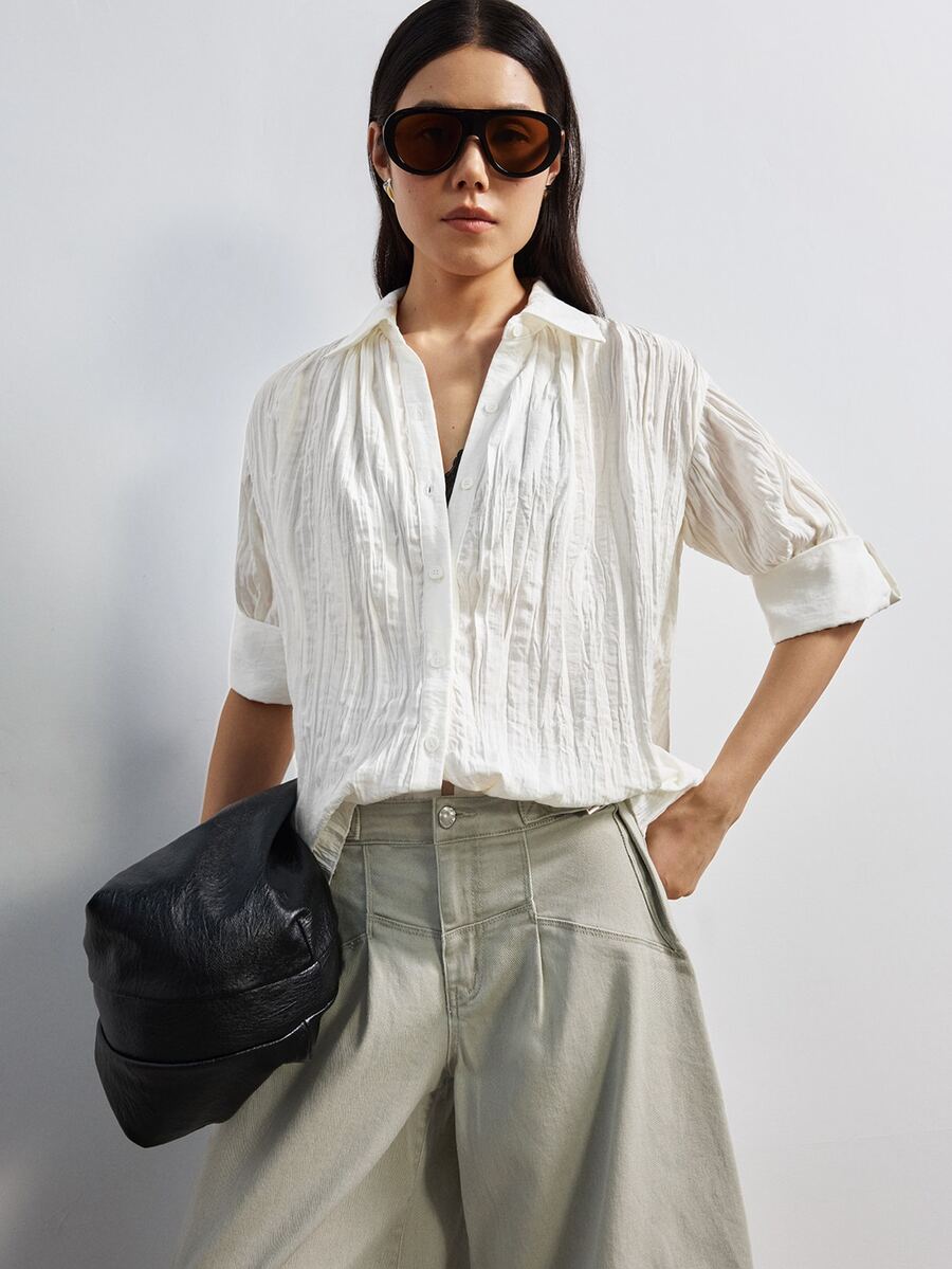 MERLEAU Women's Modern White Pleated Casual Loose Fit Shirt - White - View 1