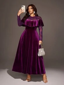 Viva Relle European And American Plus Size Velvet Dress With Ruffle Hem, Cold Shoulder Lace Long Sleeve, Cinched Waist A-Line Dress, Party Formal Evening Gown - Purple - View 3