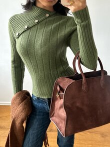 Aloruh Sweater Lengan Panjang Wanita dengan Kerah Asimetris Bergaris dan Kancing - Hijau - View 6