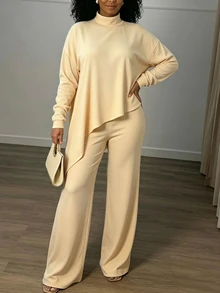 INAWLY Solva Women's Solid Color Stand Collar Long Sleeve Top And Pants Casual Daily 2 Pieces Set - Apricot - View 3