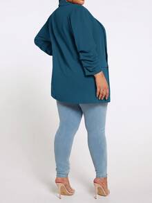 SHEIN CURVE+ 大尺碼 7/10 袖披肩領開襟西裝外套 秋冬款 - 水鴨藍 - 查看 2