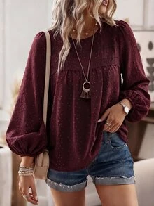 SHEIN Holidaya 女款休閒優雅極簡紋理布料圓領長袖上衣，秋冬春季度假T恤 - 酒紅色 - 查看 7