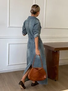 DAZY Autumn Women's Long Sleeve Collared Waist-Cinching Distressed Blue Casual Denim Maxi Dress - Medium Wash - View 2