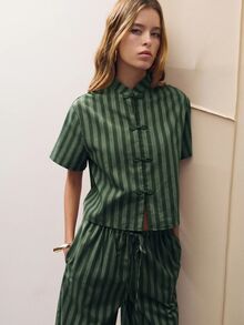 Nöista Women's Ruffled Collar Waist-Defining Printed Suit - Dark Green - View 6