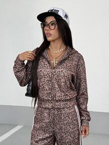 StreetHx Women's Autumn/Winter Leopard Print Fashion Loose Hooded Sweatshirt Jacket - Brown - View 6