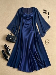 Grovea Set 2 Potongan Gaun Kamisol Satin Rajut Ukuran Besar dengan Kardigan Panjang Chiffon Sedikit Transparan untuk Musim Gugur - Navy Blue - View 1