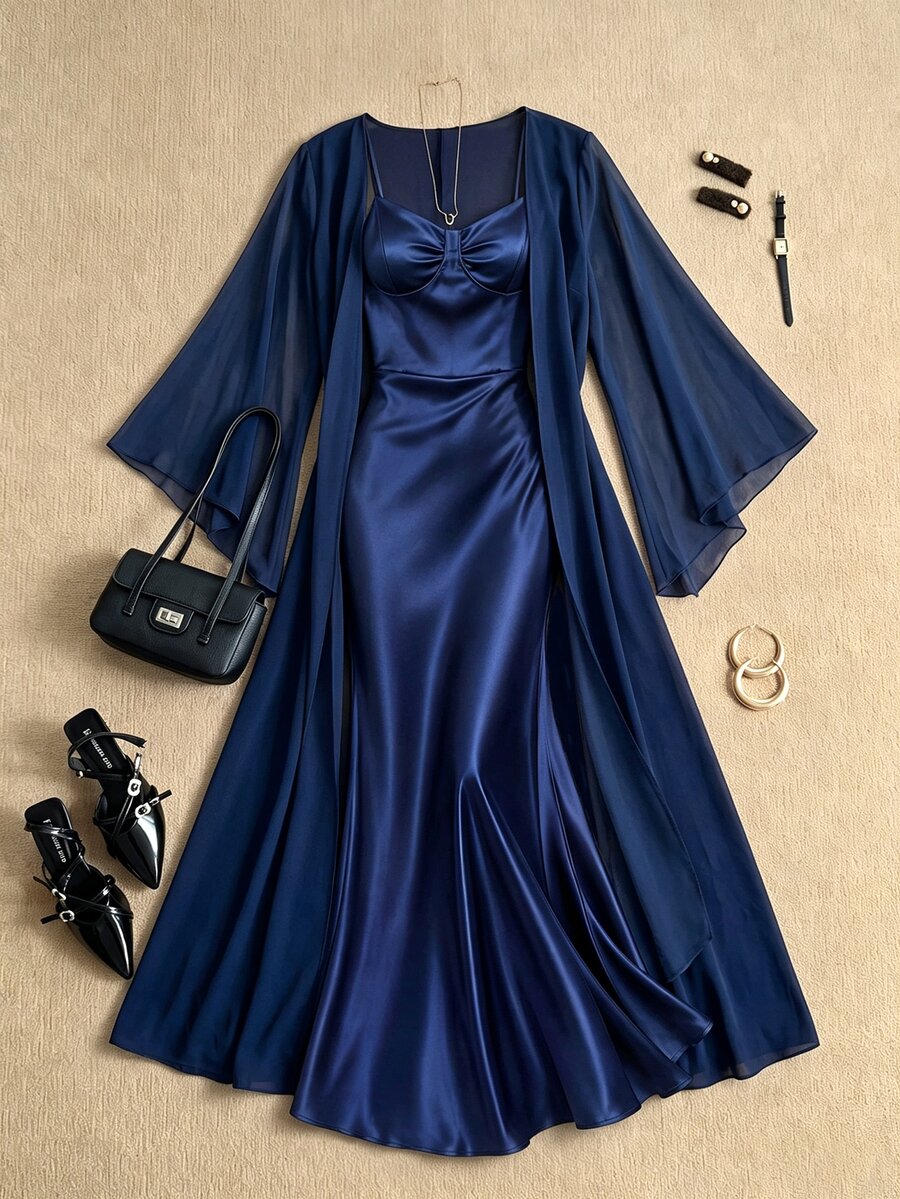 Grovea Set 2 Potongan Gaun Kamisol Satin Rajut Ukuran Besar dengan Kardigan Panjang Chiffon Sedikit Transparan untuk Musim Gugur - Navy Blue - View 1