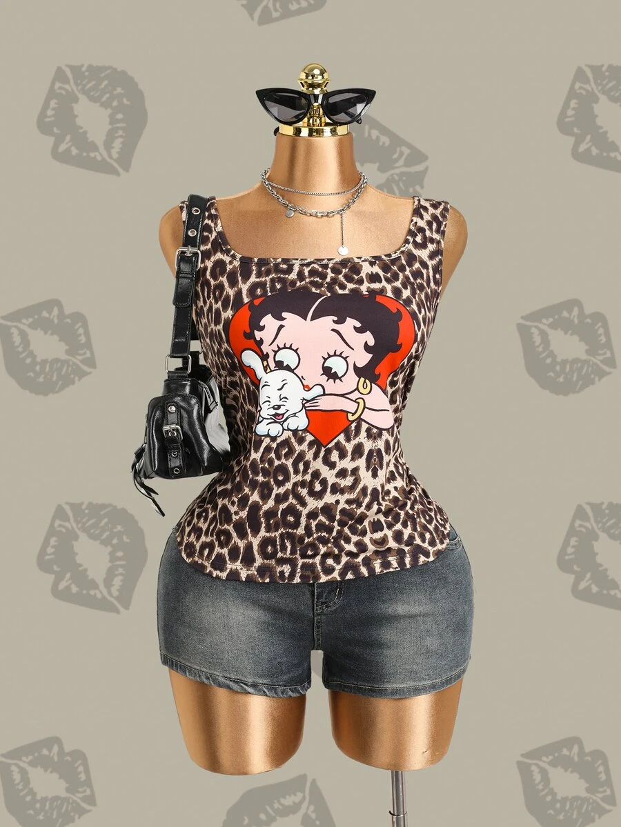 Betty Boop x SHEIN Plus Size Hot Girl Cartoon Pattern Leopard Print Tank Top - Brown - View 1