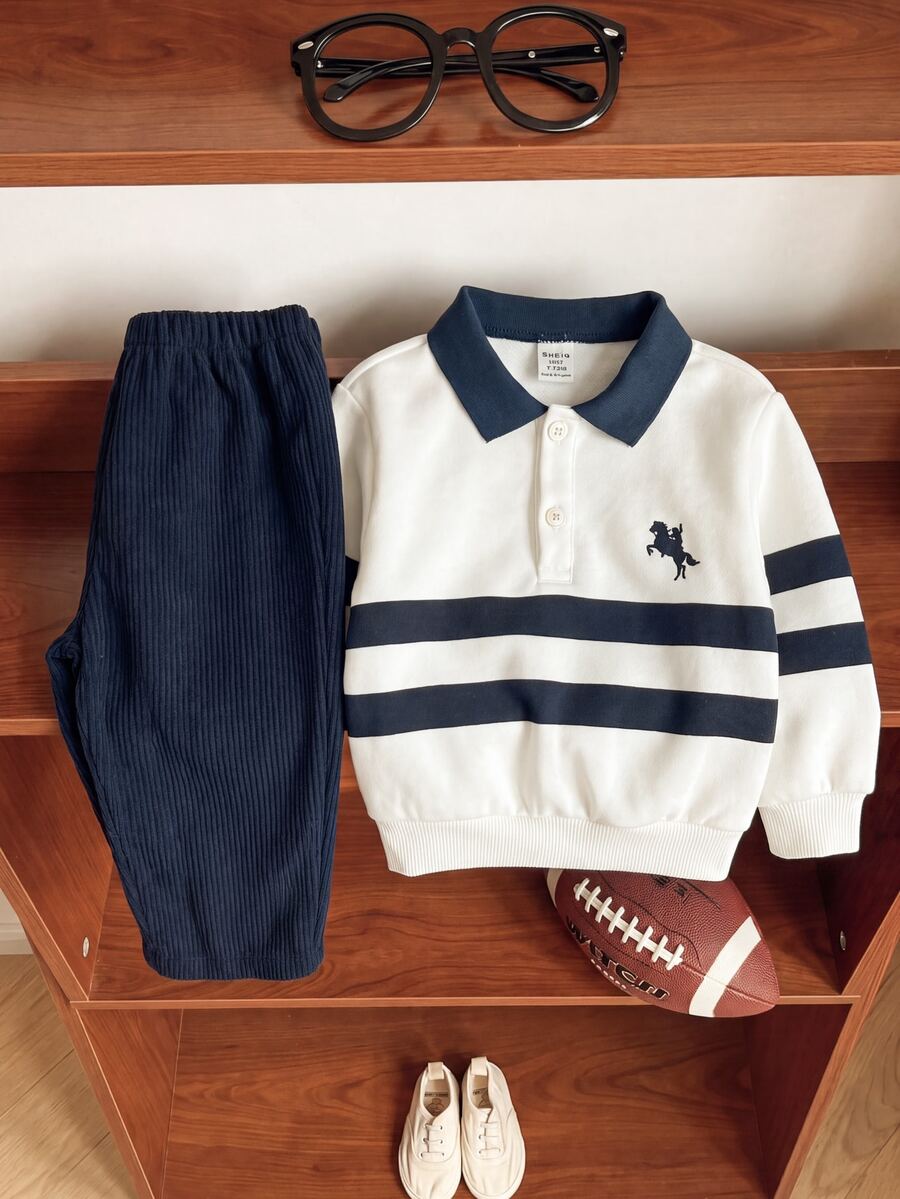 LMoss Kids Kids Baby Boy Cartoon Pony Striped Pattern Knitted Soft Crew Neck Long Sleeve Pullover Sweatshirt & Elastic Waist Long Pants 2 Pieces Set - Multicolor - View 1