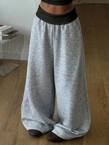 SHEIN Tween女孩配色拼接百褶休閒百搭日常穿著寬腿運動長褲 - 黑色 - 查看 1
