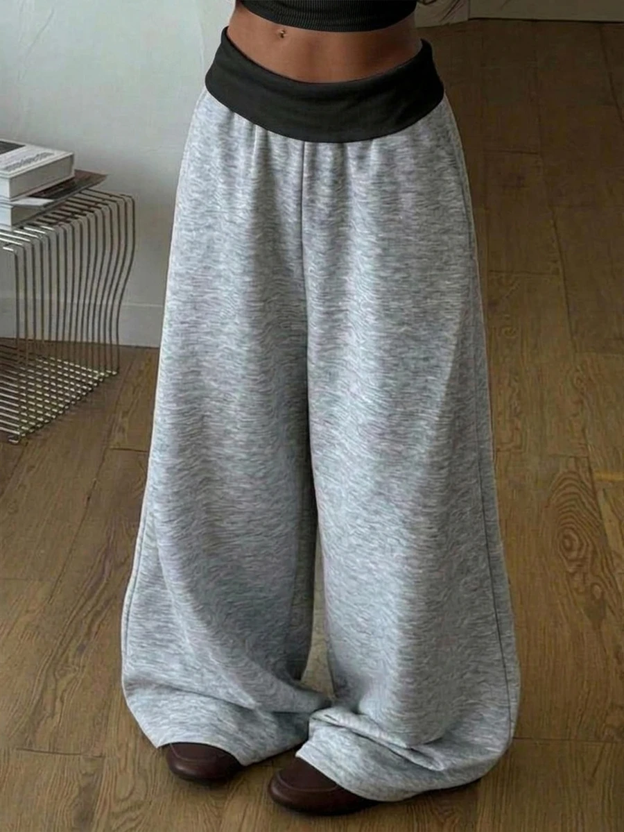 SHEIN Tween女孩配色拼接百褶休閒百搭日常穿著寬腿運動長褲 - 黑色 - 查看 1