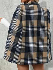 SHEIN British Style Brown Black Plaid Cape Coat Women Stand Collar Open Front Loose Wool Blend Mid Length Jacket - Khaki - View 2