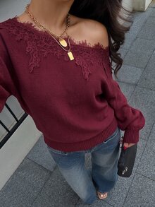 Siren Gaze Women's New Autumn Asymmetrical Shoulder Lace Patchwork Sweater - Burgundy - View 3