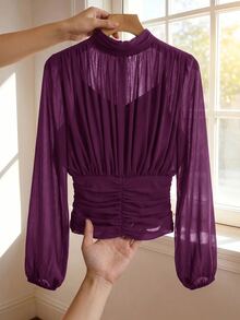 SHEIN Clasi 女款素色百褶休閒百搭日常穿著襯衫 - 紫色 - 查看 1