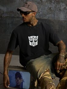 Transformers X SHEIN Men's Crew Neck Casual Versatile Daily Wear Short Sleeve T-Shirt - Black - View 6