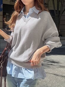 FRIFUL Women's Autumn Patchwork Striped Fabric 2 In 1 Sweater - Blue - View 3