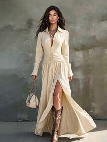 LUMIGAL Women's Fashion Button Long Sleeve Front Slit Dress - Apricot - View 3