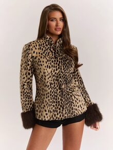 SHEIN BAE Women's Fashion Leopard Print Button Faux Fur Patchwork Cuff Overcoat - Multicolor - View 1