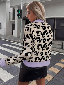 valorelle valorelle 女款豹紋圓領休閒長袖套頭針織衫 - 紫色 - 查看 2