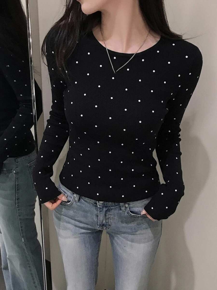 DAZY 女款波點休閒日常長袖針織衫 - 黑與白 - 查看 1