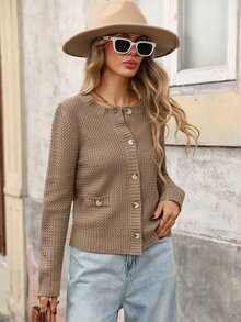 Brillora Women's Single-Breasted Long Sleeve Knit Cardigan, Autumn/Winter Daily Wear - Khaki - View 5