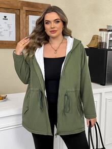 SHEIN CURVE+ Fleecejacka i plus size med dragkedja, dragsko, lång ärm och huva - Armé Grön - Visa 5