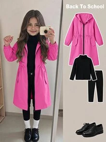 SHEIN 女童小女孩休閒字母裝飾寬鬆文字膠帶連帽口袋中長版派克外套 秋季夾克 - 玫紅色 - 查看 3