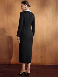 MOTF PREMIUM WOMEN'S ELEGANT CINCHED WAIST COLORBLOCK MIDI DRESS - Black - View 3