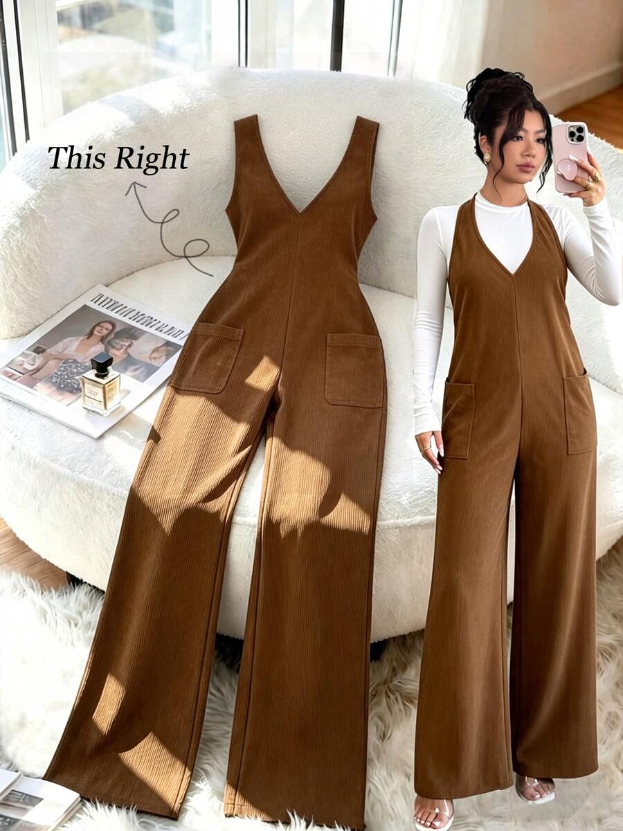 GlowEve CURVE Plus Size Women's Autumn/Winter Fashion Casual Pastoral Style Ribbed Spaghetti Strap Jumpsuit - Coffee Brown - View 1