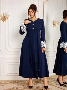 Modelyn Elegant Solid Color Knit Round Neck Long Sleeve Contrast Cuff Lace Trim Cinched Waist A-Line Regular Fit Plus Size Dress For Spring And Autumn - Navy Blue - View 3