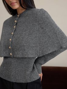 COSMINA Setelan Sweater Lengan Jubah Abu-abu Wanita, Dua Potongan Pakaian Rajut dengan Kancing Logam - Grey - View 6