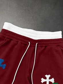 PAVTROS Men's Cross Embroidered Drawstring Waist Pockets Loose Casual Sweatpants Wide Leg - Red - View 4