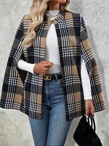 SHEIN British Style Brown Black Plaid Cape Coat Women Stand Collar Open Front Loose Wool Blend Mid Length Jacket - Khaki - View 8