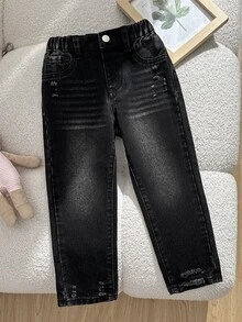 SHEIN 女童街頭風戶外百搭熱銷美式休閒百搭極簡水洗錐形牛仔長褲 2025 全季新款日常穿搭 - 黑色 - 查看 4