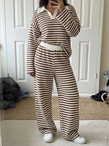 Strévra Women's Striped Colorblock Long Sleeve Top And Pants 2 Pieces Set Fall - Brown - View 3