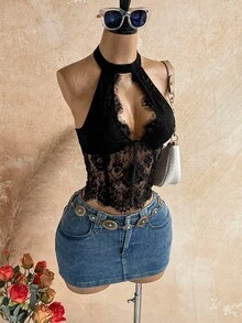 Soleia Women'S Lace Slim Fit Sexy Fashion Solid Color Halter Neck Tie-Up Vest - Black - View 7