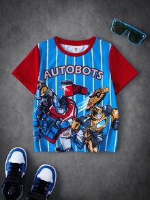 Transformers X SHEIN Young Boy Letter Cartoon Print Casual Daily Short Sleeve T-Shirt - Blue - View 1