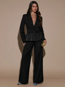 SHEIN BAE Women's Autumn/Winter Black Patchwork Ruffle Hem Long Sleeve Blazer, Suitable For Social Gatherings, Daily Outings, Commuting And Office Wear - Black - View 3