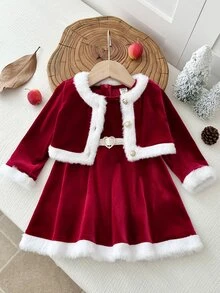 SHEIN Set 2 Potong Gaun Kasual Tanpa Lengan Leher Bulat dengan Kerah dan Kardigan, Motif Patchwork Rajut Warna Kontras untuk Bayi Perempuan dan Hiasan Bulu Imitasi - Red and White - View 4